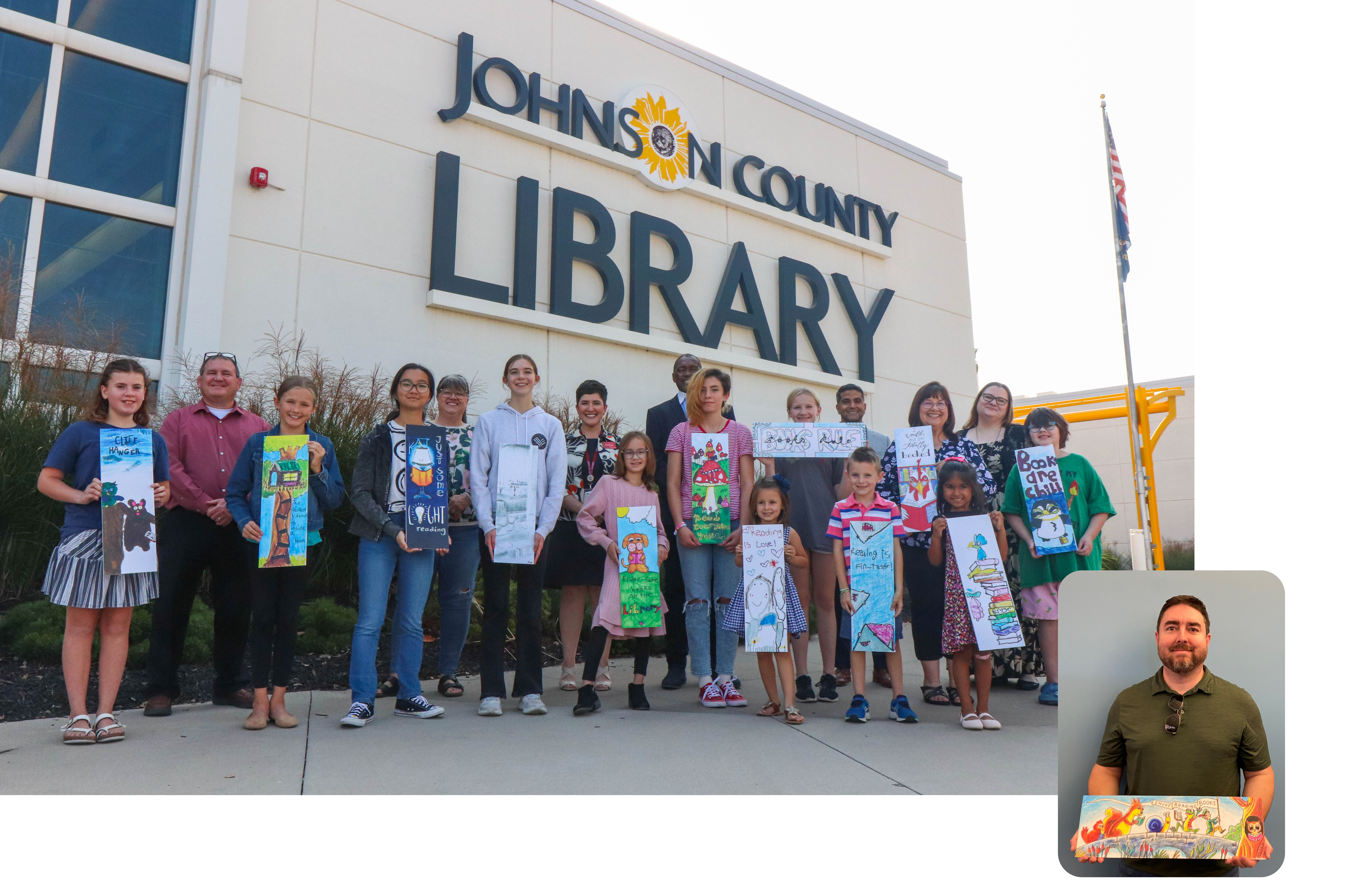 Group photo of the 2023 Bookmark Contest winners and Friends board members